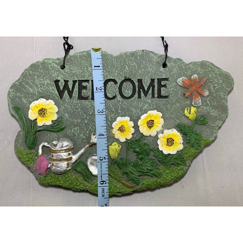 Welcome Wall Plaque Flowers Watering Can Polyresin Garden Hanging Sign 10" x6" - Picture 7 of 8